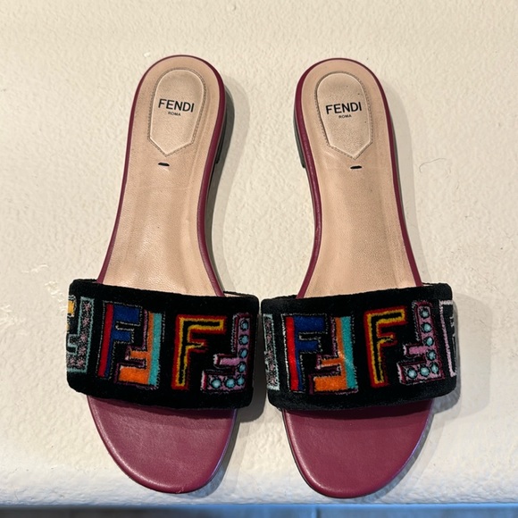 Fendi Shoes - Fendi Multicolor Embroidered Slippers